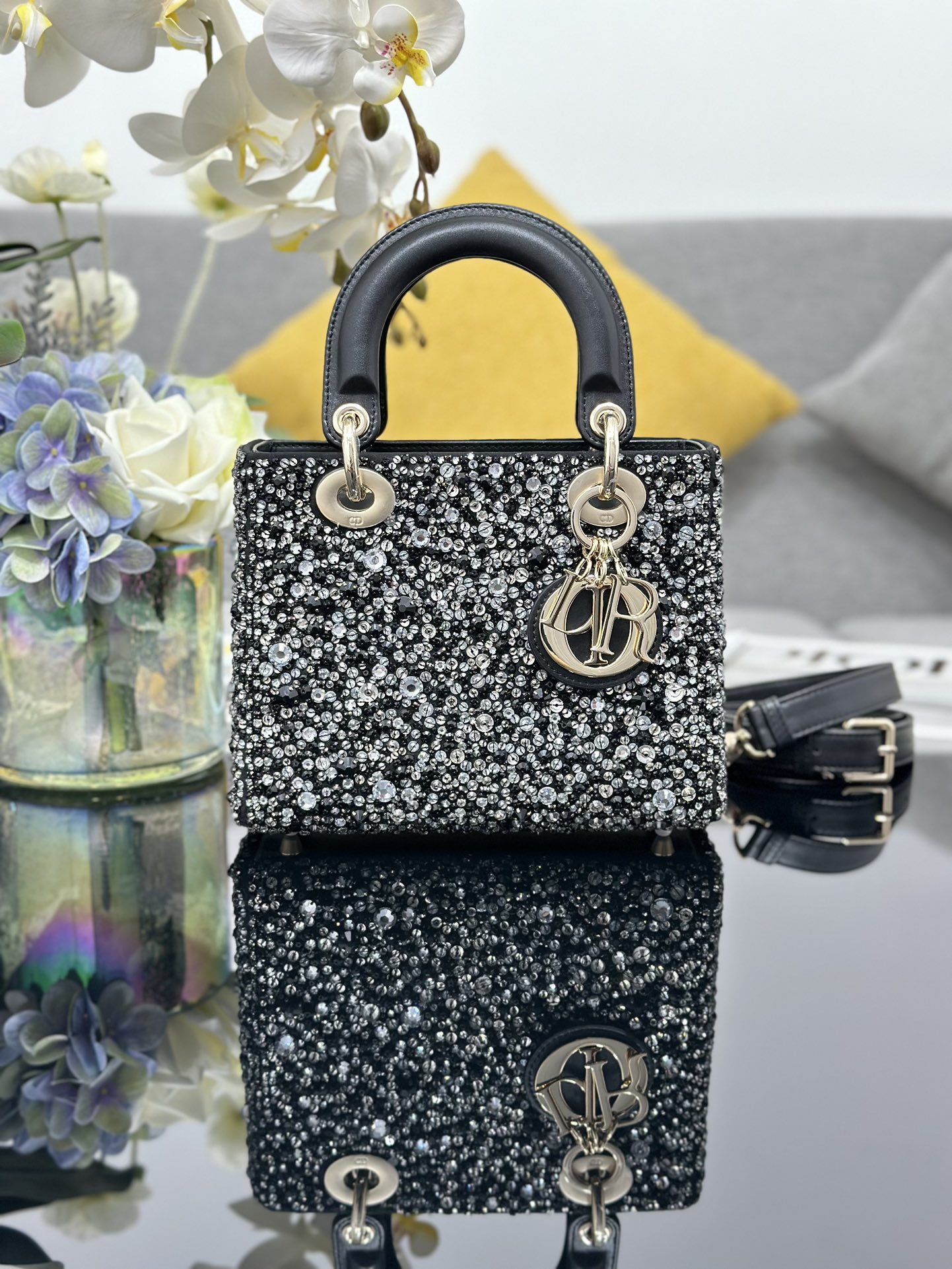 Small Lady Dior Bag Black Satin Embroidered with Bead Diamond